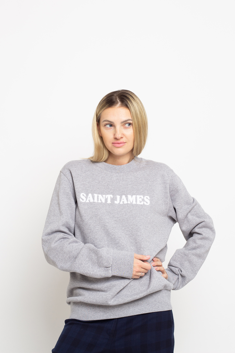 Свитшот Saint James серого цвета на флисе с декоративным логотипом