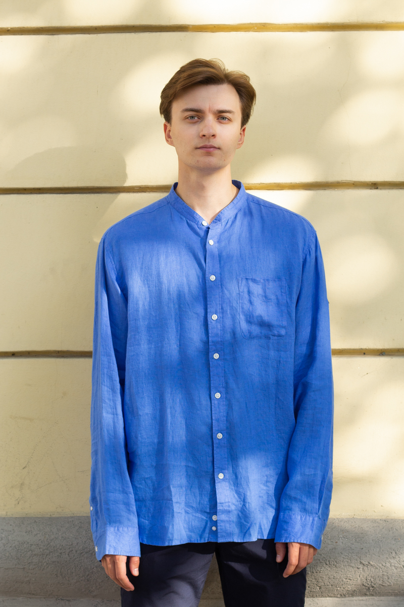 Рубашка Saint James синяя льняная с длинными рукавами